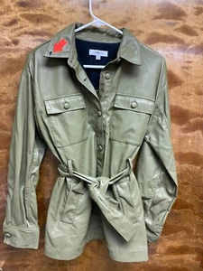 Women "Love &Whit" olive green faux leather jacket with belt Size Sm. P.O. - Picture 1 of 3