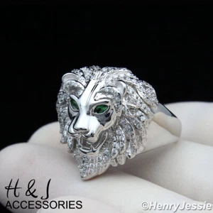 MEN SOLID 925 STERLING SILVER ICY BLING CZ 3D GREEN EYE LION HEAD RING*SR180 - Picture 1 of 5