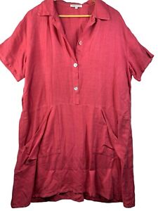 Vintage Subtle Tones Linen Red Lagenlook Dress Pockets Size 2 M/L
