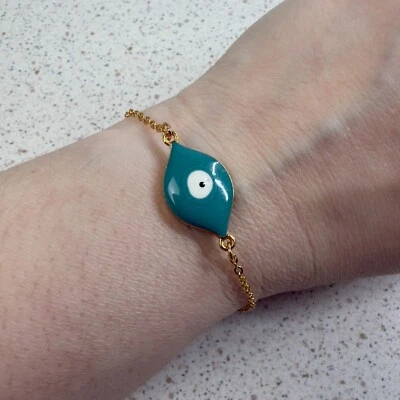 Teal Turquoise Green Enamel Evil Eye Gold Tone  Bracelet 9" Length - Image 1 of 4
