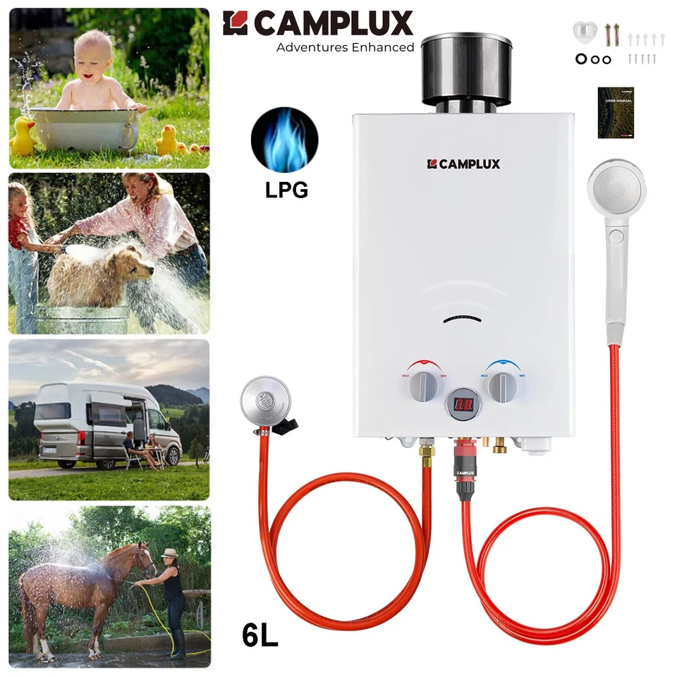 CAMPLUX 6L Portable Propane Hot Water Heater w/ Shower Head Outdoor Camping LPG - Image 1 of 4