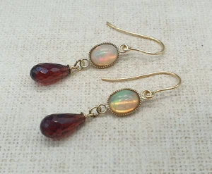 9ct Yellow Gold Garnet & Welo Opal Earrings 9K Drop Dangle Hooks Natural Stones - Picture 1 of 10