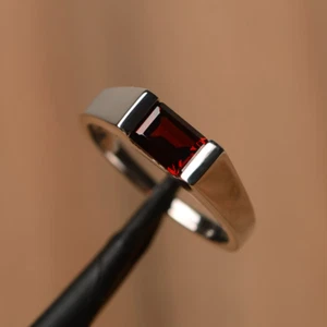 Emerald Cut Natural Garnet January Birthstone Gemstone Ring 925 Silver Size 7US - Picture 1 of 3
