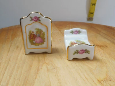 Limoges Miniature Porcelain Bedroom Items, Bed, Armoire - Image 1 of 4