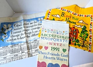 Vintage 3er Set Leinen Geschirrtuch Muster/Kalender (2) 1980 (1) 1991 NEU - Bild 1 von 9