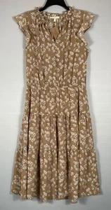 Grade & Gather Dress Womens L Beige Floral Maxi Tiered Short Flutter Sleeves NWT - Picture 1 of 8