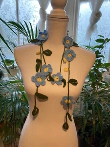 Crochet fancy flowers blue-yellow-green colors summer handcrafted necklace - Picture 1 of 4