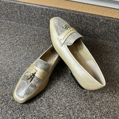 Enzo Angilini 舒适平底鞋女式 7.5 M 码蛇皮印花金色皮革乐福鞋 — 第 1/4 张图片