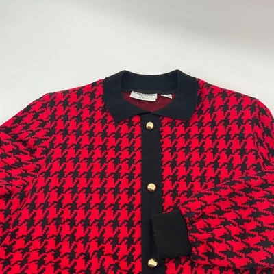 Alfred Dunner Petite Red Houndstooth Knit Collared Cardigan Sweater USA Twee 90s - Image 1 of 4