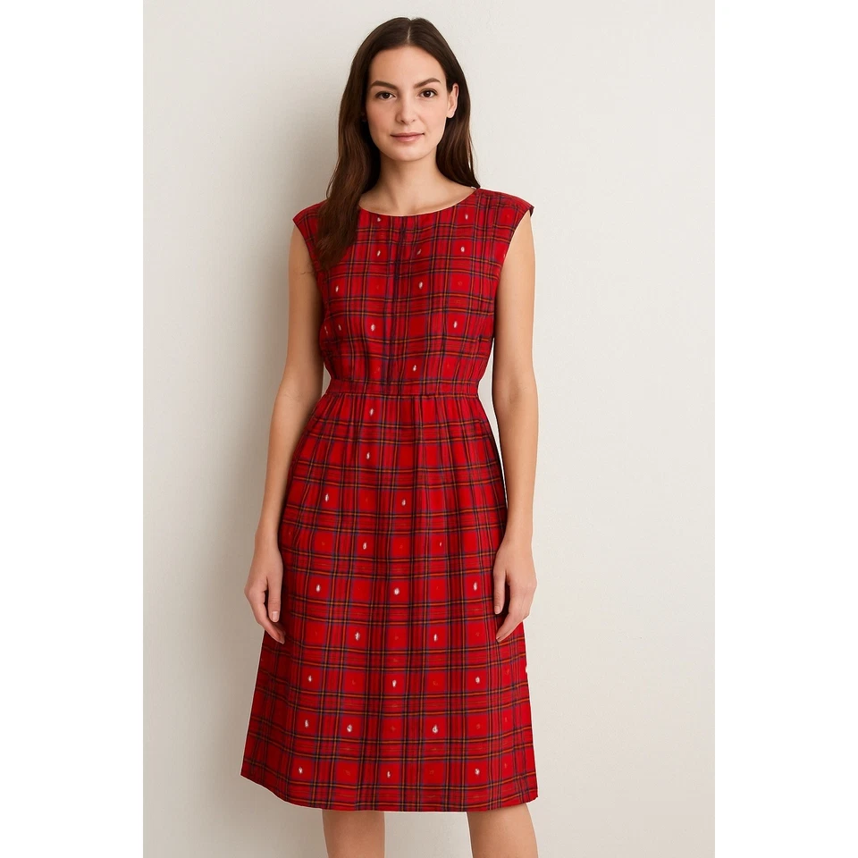 Vestido Midi Clásico Vintage Años 50 Lanz Original Rojo a Cuadros Sin Mangas Botones Espalda XS Foto 1 de 4