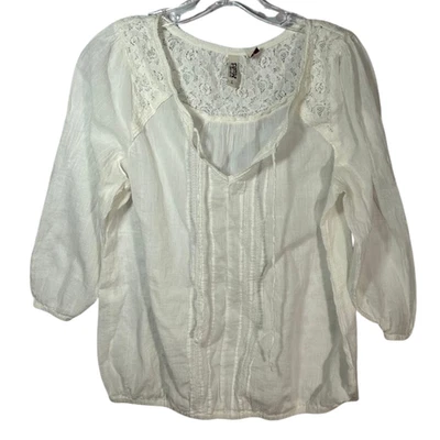 Mudd Feminino Branco L Top Boho Crinkle Gauzy Camponês Crochê Bordado Renda Fluida - Imagem 1 de 4