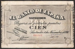 SPAIN  100 Pesetas  1936  P:S585  El Banco de Espana (Santander)  Civil War - Picture 1 of 2