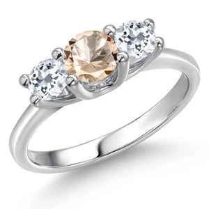 1.06 Ct Round Peach Morganite White Topaz 14K White Gold Ring - Picture 1 of 6