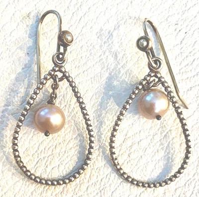 Vintage PANDORA White Pearl Teardrop Earrings Pearl Wires Sterling Silver Ale - Image 1 of 4