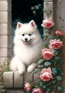 POMERANIAN SPITZ PERRO CACHORRO TARJETA DE NOTA ENCANTADORA PERRO BLANCO CON FLORES - Imagen 1 de 1