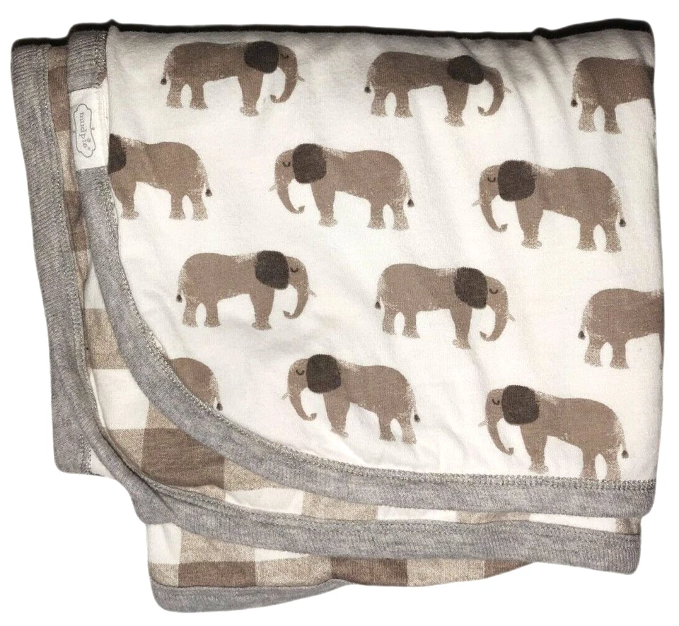 Mud Pie Beige Brown ELEPHANT Plaid Cotton 2 Ply Baby Blanket Gray Trim Lovey EUC - Image 1 of 4