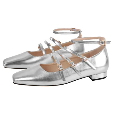 Zapatos de salón Mary Jane de moda para mujer punta cuadrada charol plano correa al tobillo US12 Foto 1 de 4