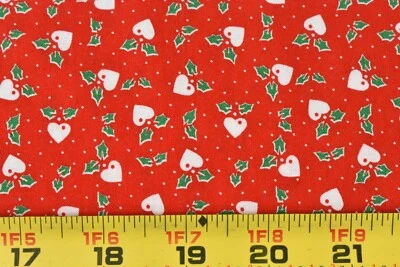 20" Long, Vintage, Green Holly Leaves & Cream Hearts on Red Quilt Cotton, P5561 - Image 1 of 4