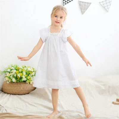 Girls Lace Cotton Pajamas Nightdress Nightgown Sleepwear Princess Cute Home Wear - Image 1 of 4