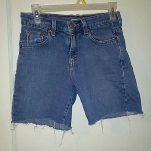 Levis 514 Cut Off Denim Shorts-Size 4-Bermuda Length-Raw Hem-Red Tab-Flap Pocket - Picture 1 of 10