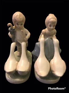 Porcelain Mother Goose and Boy Figurine w/Geese and Umbrella Collectibles - Picture 1 of 7