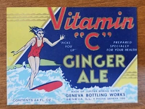 ADVERTISING Label Vitamin C Ginger Ale Soda Chicago Geneva Illinois Water Skiing - Picture 1 of 1
