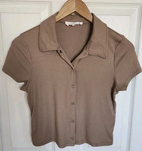 Pink Rose Womens Ribbed Short Sleeve Cropped Top Collar Button Size Medium Tan - Picture 1 of 10