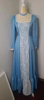 Vintage Gunne Sax Pattern Dress Light Blue Long Sleeve Lace Front Prairie Maxi - Image 1 of 4