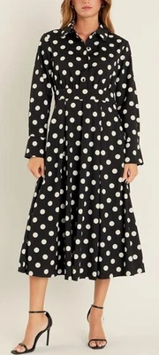 English Factory Black Dress White Polka Dots Midi Long Sleeves Medium - Image 1 of 4