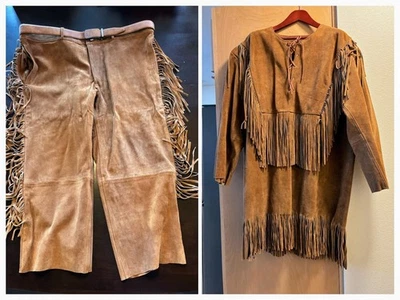 Camisa y pantalón con flecos de cuero gamuza nativo americano para hombre estilo montaña occidental Foto 1 de 4