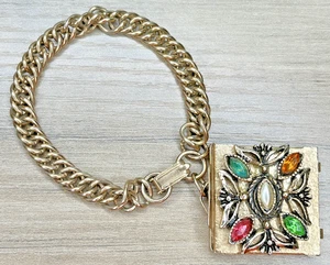Rare Vintage Colorful Rhinestone 4 Four Photo Locket Charm Bracelet Gold Tone - Picture 1 of 18