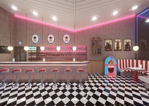 7x5ft Stoff Retro 50er Diner Hintergrund für Fotografie Klassiker 1950er Fast Food... - Bild 1 von 6