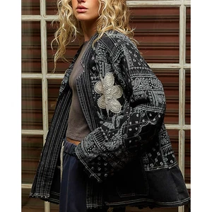 Chaqueta 1572 POL Grande Negra Acolchada Paisley Crochet Parches Bolsillo Abierto NUEVA - Imagen 1 de 2