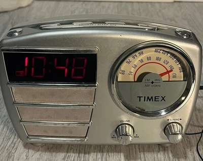 Retro Style TIMEX Alarm Clock Radio  T247S Silver Tested Works Parts Only - Image 1 of 4