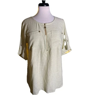 Anne Klein Women's Tunic Blouse Green Linen w/ Gold Button Zipper Accent Small - Image 1 of 4