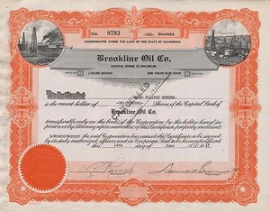USA BROOKLINE OIL CO stock certificate CALIFORNIA - Picture 1 of 1