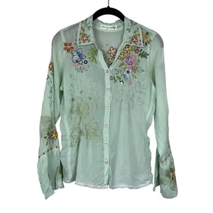 Blusa Johnny Was Emika Bordada Abotonada Talla XS Verde Lima Transparente - Imagen 1 de 11