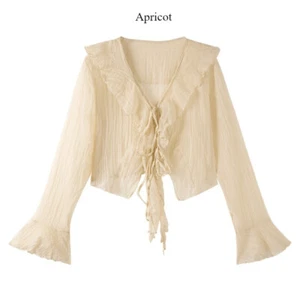 Cardigan donna maniche svasate chiffon blusa gotico scollo a V stringato top sottile volant - Foto 1 di 17