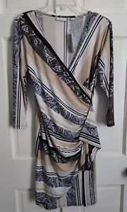 New York & Company Beige Black & White Ruched Crossover V-Neck Dress, Size M - Picture 1 of 7