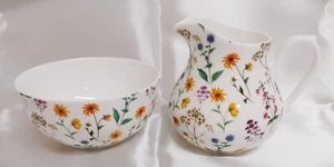 Meadow Flowers Cream/Milk Jug & Sugar Bowl Bone China Bright Floral Matching Set - Picture 1 of 7