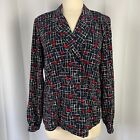 Vintage Top Blouse Womens Size 10 Navy Blue Red Floral Long Sleeve Button 90s