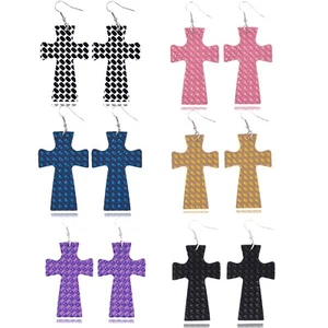Glitter Marble Cross Statement PU Leather Bohemia Dangle Drop Earring Religious - Picture 1 of 8
