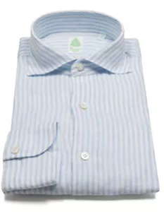 Finamore 1925 Linen Shirt in Light Blue Striped with Shark Collar - Picture 1 of 14