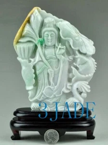 A Grade Green Jadeite Jade Guanyin Kwan Yin Statue Sculpture w/ certificate - Picture 1 of 8