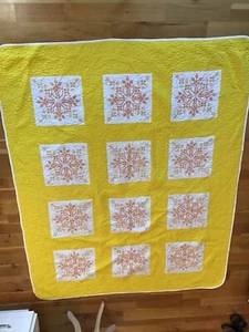 Vintage Patchwork White ,Yellow,Orange Snowflake Cross-stitch Quilt 69” X 85” - Picture 1 of 5