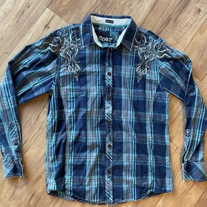 Roar Men’s Embroidered Plaid Slim Fit Large Button Down - Picture 1 of 7