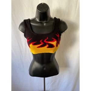 Black Red Yellow Flame Knit Crop Tank Top (M) - Picture 1 of 6