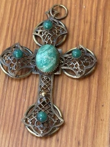 Antique Turquoise Type Stone Green Czech Glass Gold Tone Filigree Cross Pendant - Picture 1 of 16