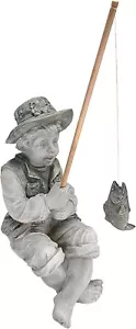 Pond Accent Boy Fishing Statue Garden Decor Lawn Sculpture Fisher Man Figurine - Picture 1 of 2