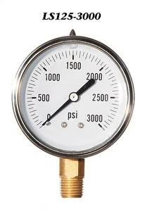 0-3000 PSI Liquid Filled Pressure Gauge, 2.5” Stainless Steel Face, 1/4" LM NPT - Picture 1 of 5